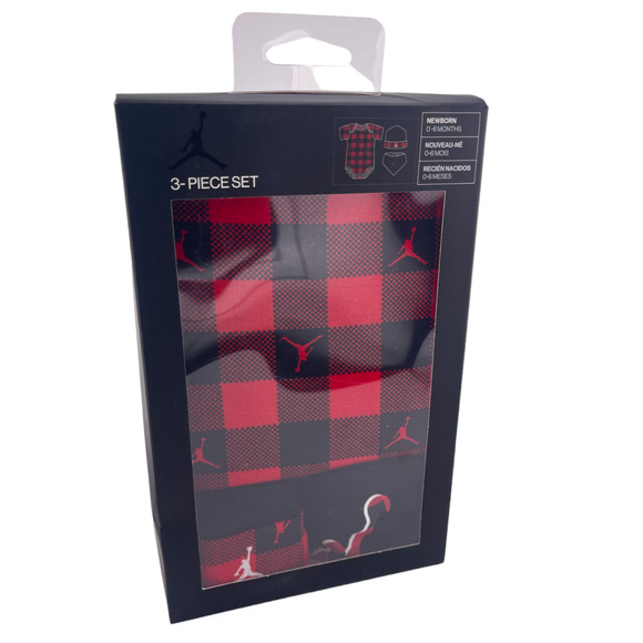 Nike Air Jordan Jumpman 3 Piece Bodysuit Set Red/Black Checkered Plaid Newborn